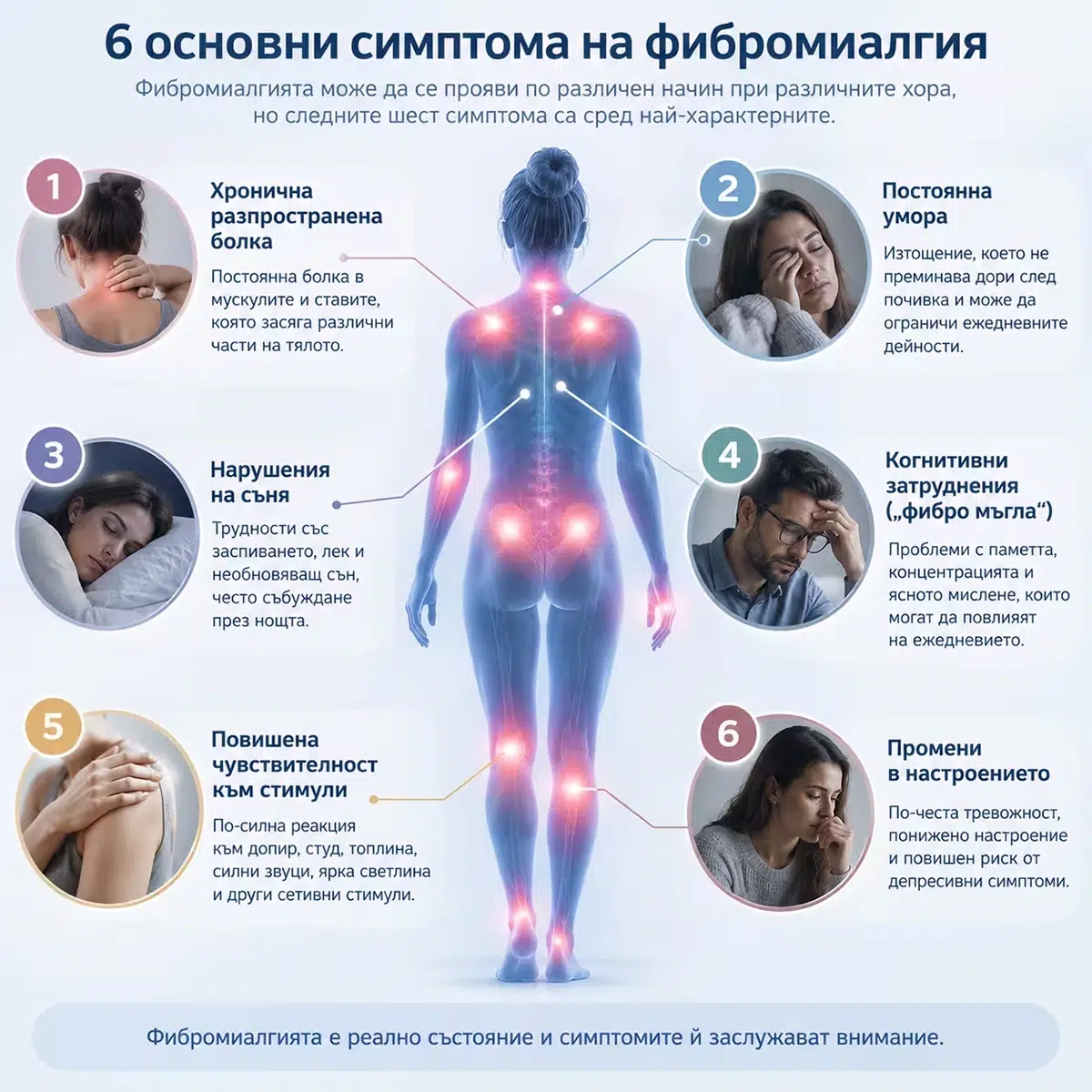 Инфографика с шестте основни симптома на фибромиалгията - хронична разпространена болка, постоянна умора, нарушения на съня, когнитивни затруднения, повишена чувствителност към стимули и промени в настроението